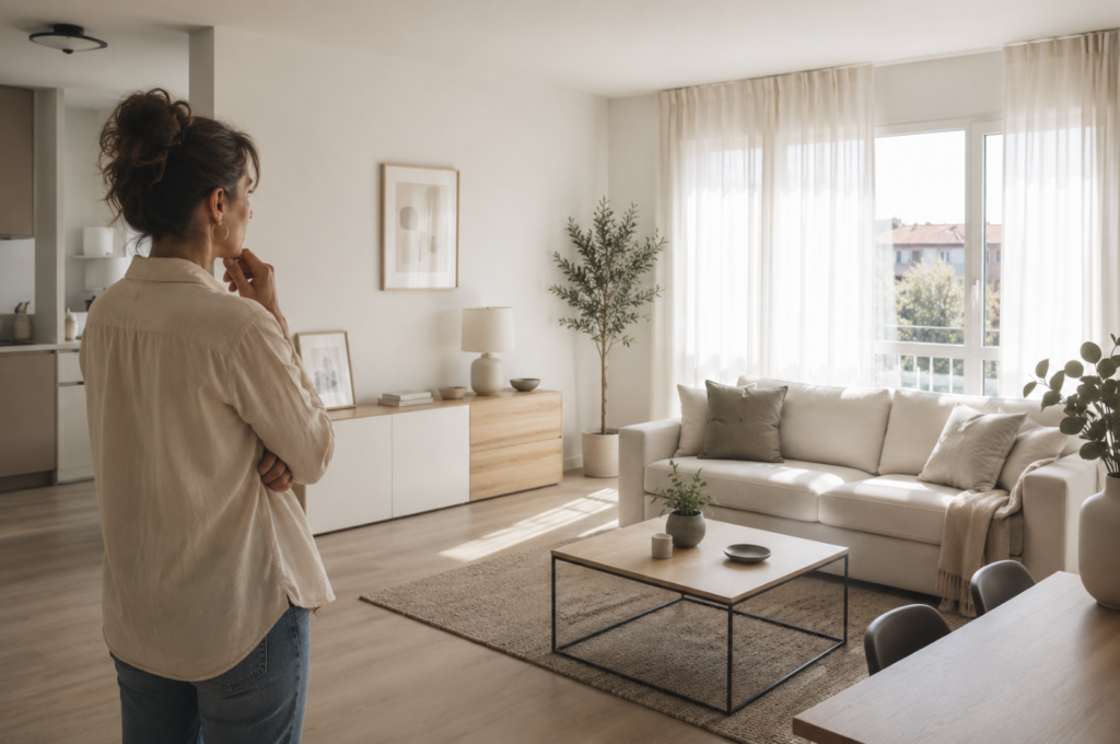 Proprietario che osserva la propria casa prima di metterla in vendita.