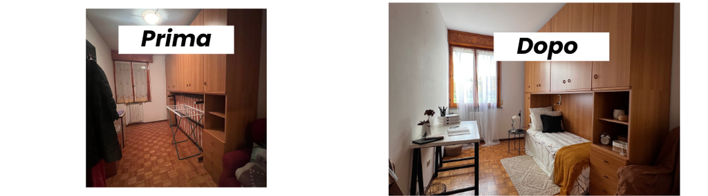 Confronto prima e dopo l’home staging di una camera da letto a Meldola